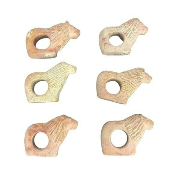 Kissi Stone Kenya Lion Hand carved Napkin Holders Rings Kenya Africa - Picture 1 of 5